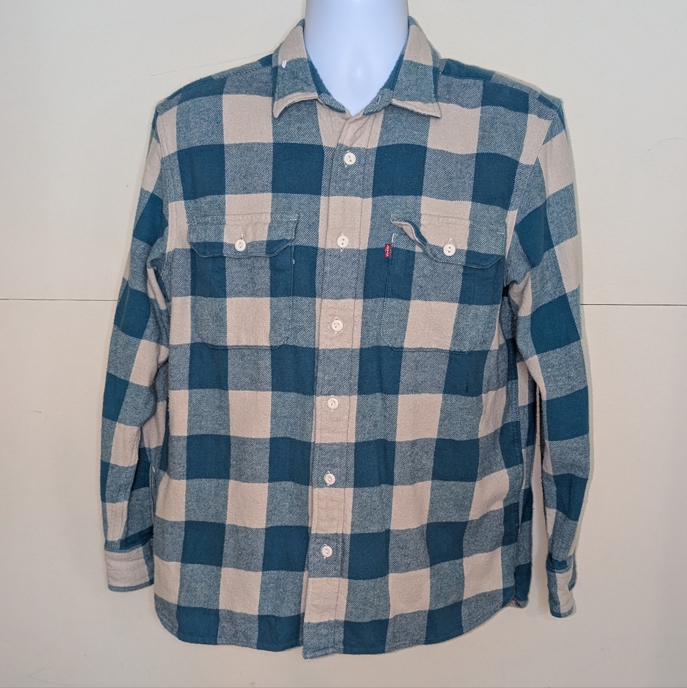 Levi's Flannel Button Down Cream and Teal Blue Thick Cotton